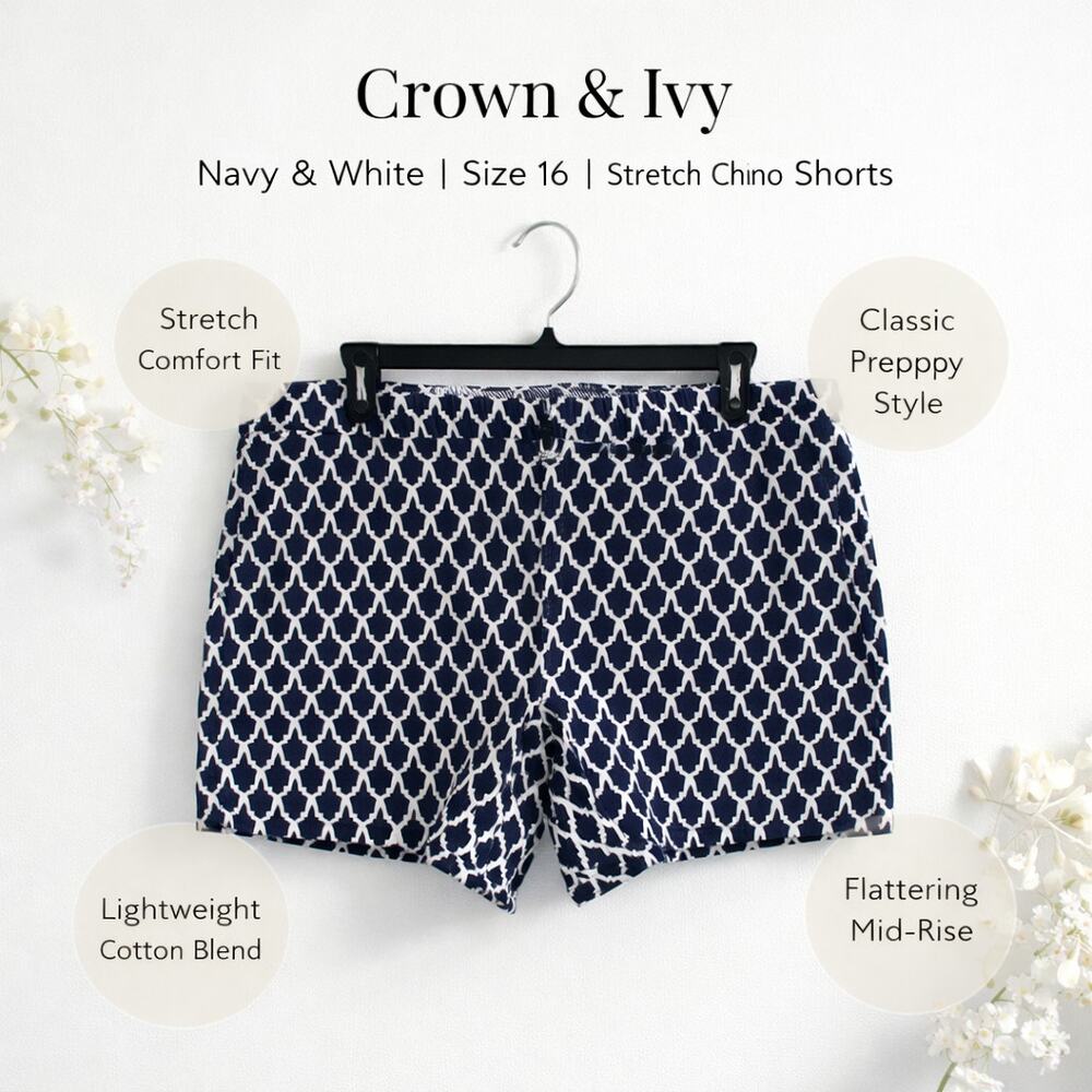 New Crown & Ivy Shorts Sz 16 Navy White Essential Nautical Coastal Stretch Prepy